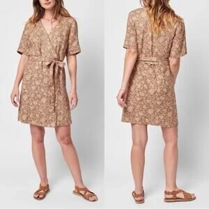 Faherty Rust Peach Floral Pattern 100% Linen Short Sleeve Wrap Dress Size XS